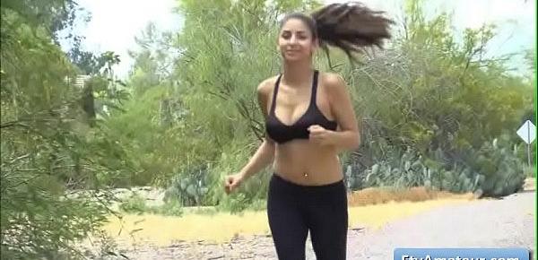  Sexy natural big tit amateur babe Nina goes for a jog and fuck her pussy outdoor with a banana
